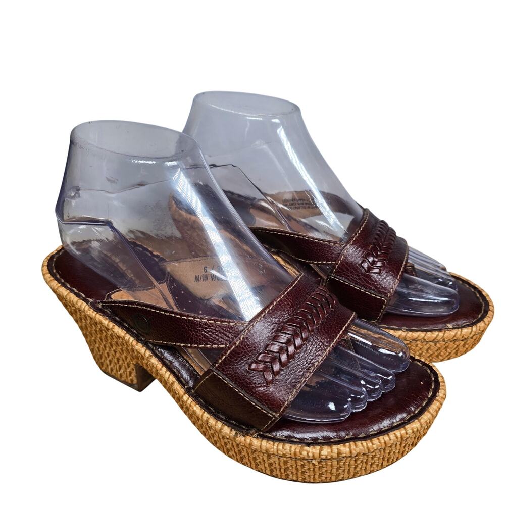Born Womens Wedge Platform Brown Sandals Open Toe Thong Leather Woven Heel Sz 6